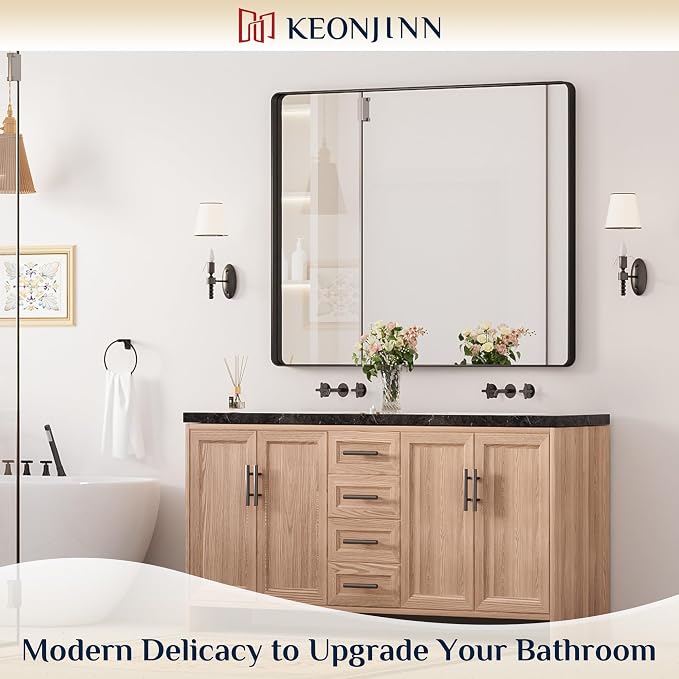 Keonjinn Black Bathroom Mirror for Over Sink, Matte Black Sandblasted Finish - Image 2
