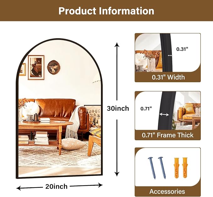 XRAMFY 20"x30" Black Arched Bathroom Mirror - Image 4
