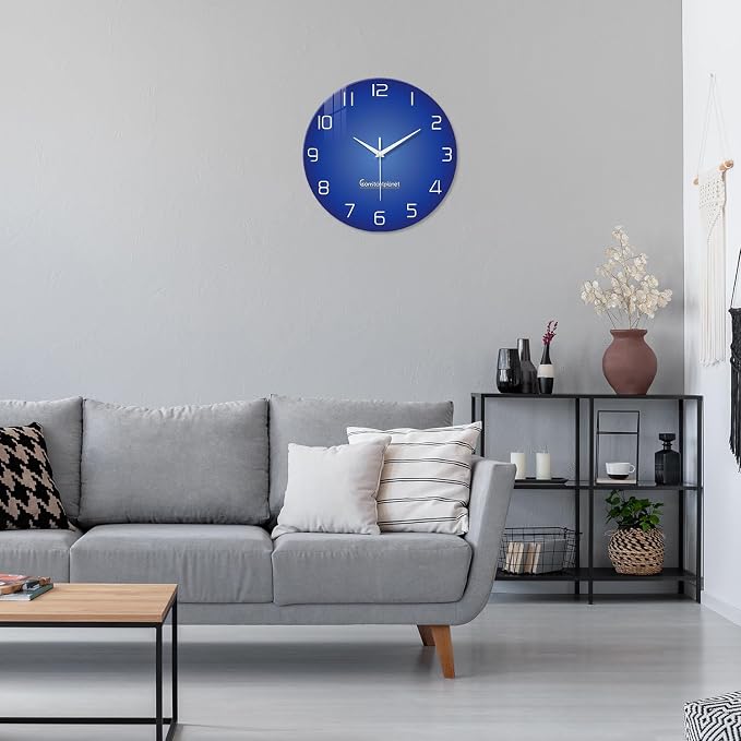 XNM Blue Simple Glass Wall Clocks Battery Operated 14 Inch Modren Minimalist - Image 2