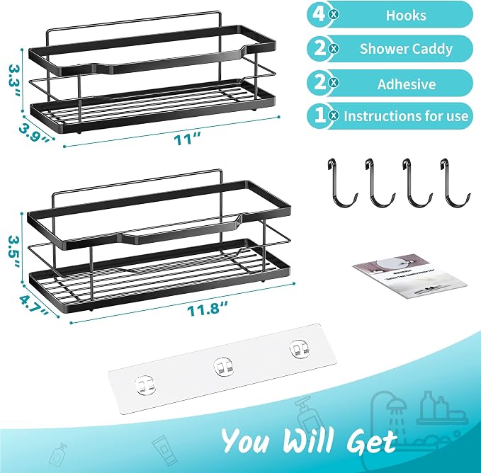 Moforoco Shower Caddy Shelf Organizer Rack, Self Adhesive Black Bathroom - Image 6