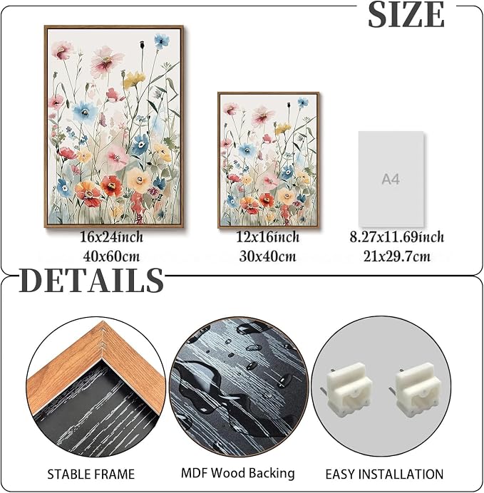 KISSFOX Framed Colorful Wildflower Canvas Wall Art Set Of 3 Flowers Pictures - Image 4