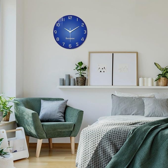 XNM Blue Simple Glass Wall Clocks Battery Operated 14 Inch Modren Minimalist - Image 5