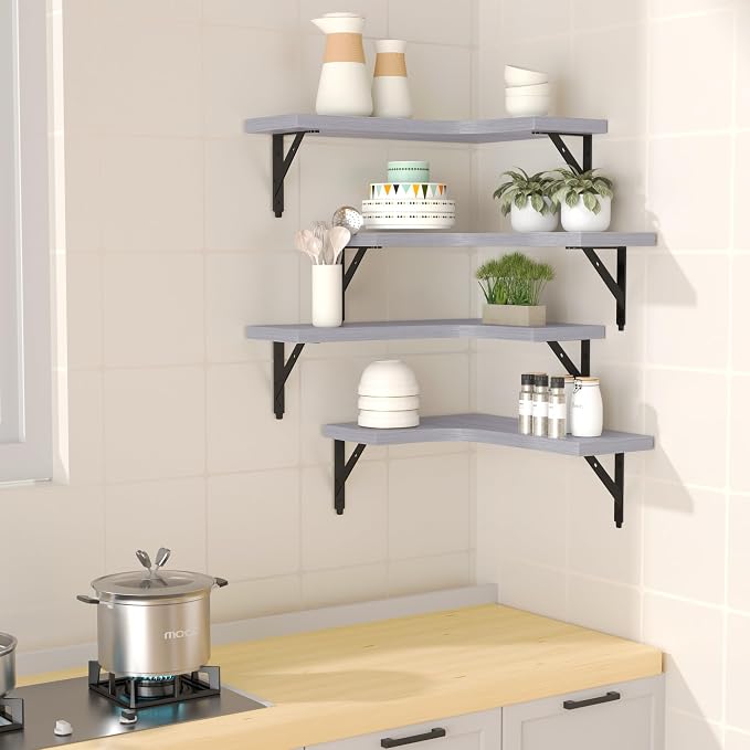 ROMGUAR CRAFT Corner Floating Shelves Wall Mounted Set of 4, Rustic Wood - Image 2