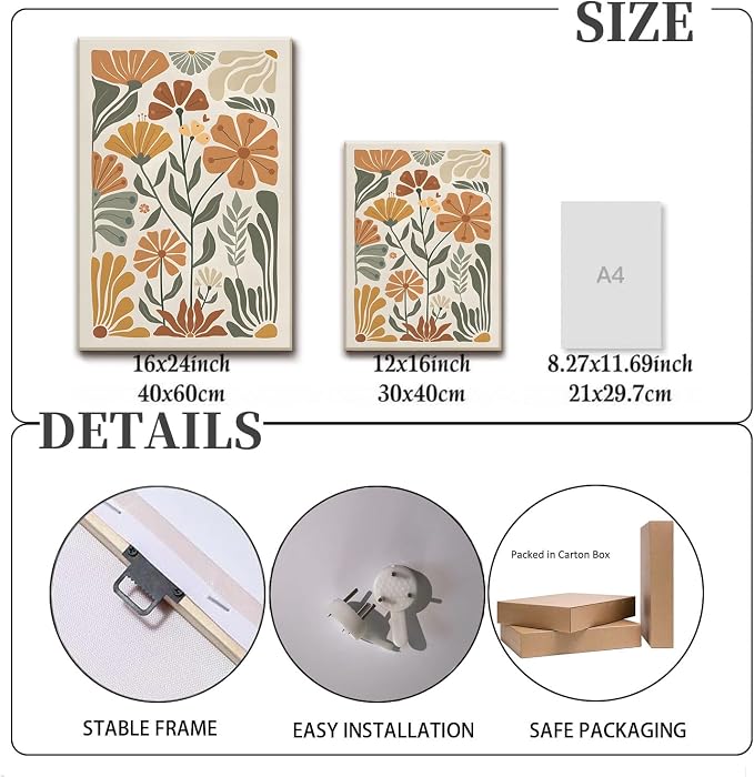 KISSFOX 3 Piece Framed Wall Art Floral Wall Decor Flower Canvas Art Green Beige - Image 3
