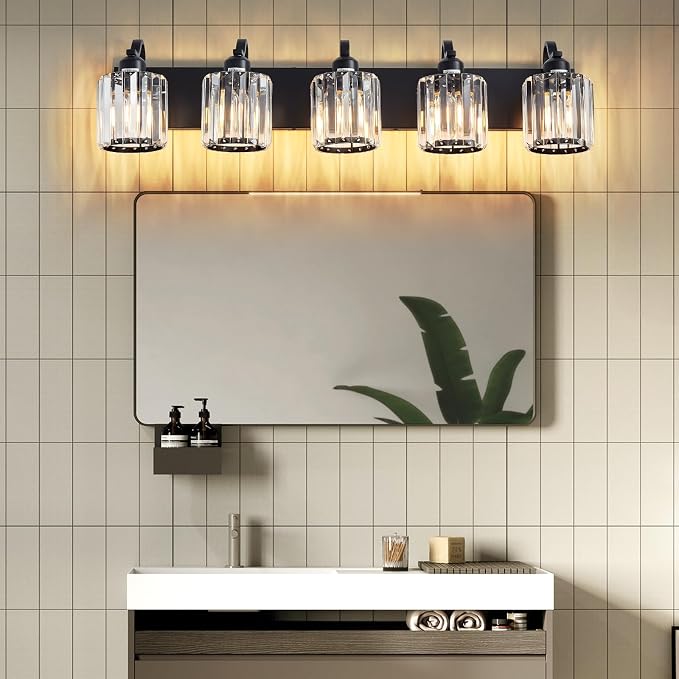 Crystal Vanity Light Black 5 Lights Modern Bathroom Vanity Lighting Fixtures - Image 7