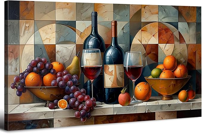 AIYISU Abstract Kitchen Wall Art Geometric Wall Decor Red Wine Glass Fruits by HOME