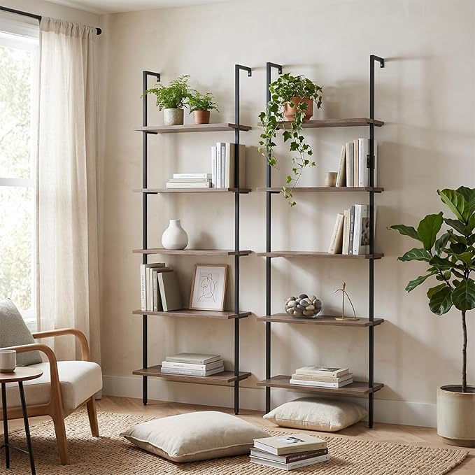 aboxoo Ladder Shelf 2PCS Open Bookshelf 5-Tier Wall-Mounted Wood Bookcase Rack - Image 2
