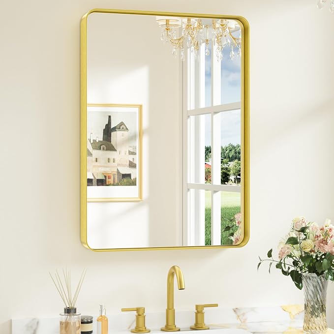 Keonjinn Gold Bathroom Mirrors for Over Sink, 22” x 30” Rounded Rectangle by Keonjinn