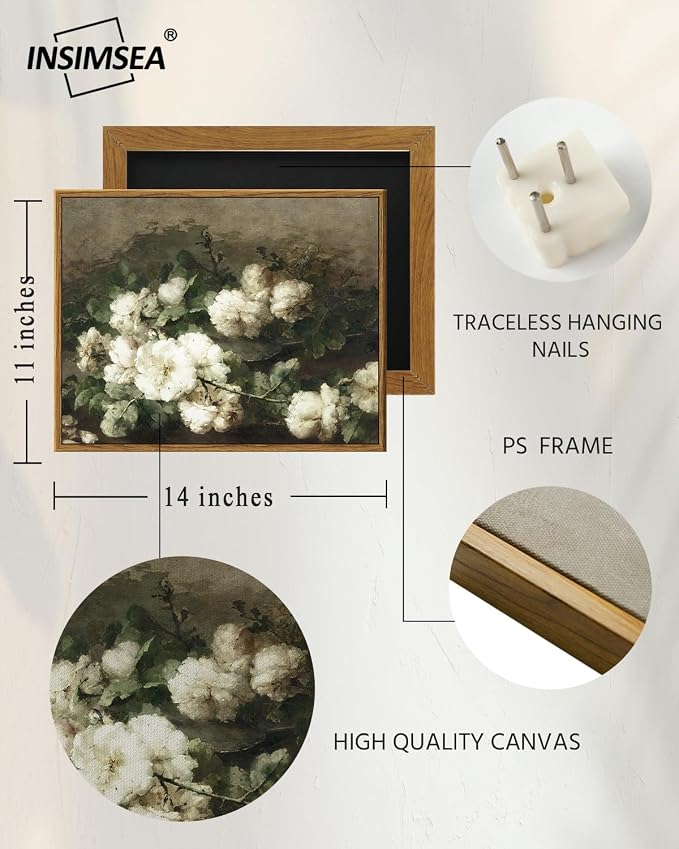 InSimSea Framed Canvas Wall Art Vintage Decor, Flower Prints Wall Art Room Wall - Image 4