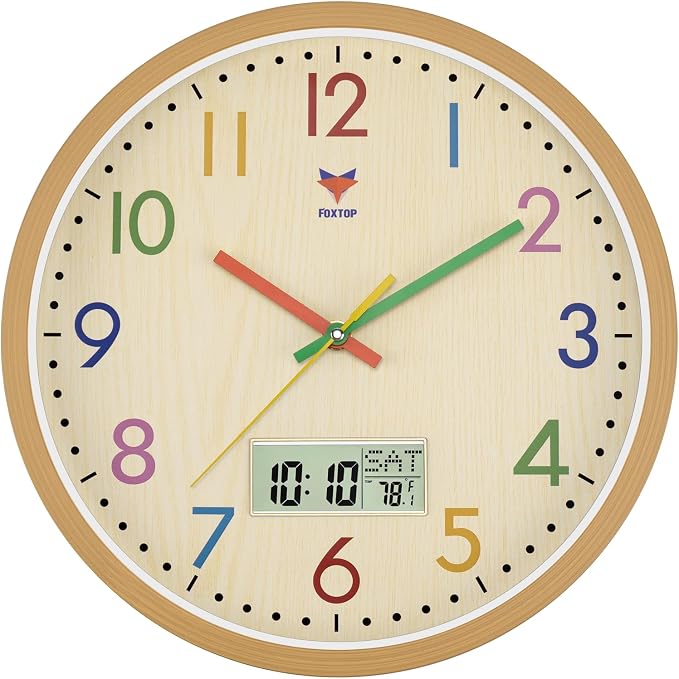 Foxtop Digital and Analog Kids Wall Clock 12 Inch Silent Non-Ticking Battery by Foxtop
