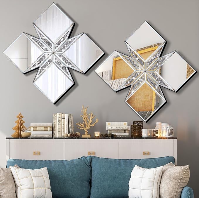 Crushed Diamond Decorative Mirror 22.25x22.25” Diamond Shape Glass Wall Mirror - Image 3
