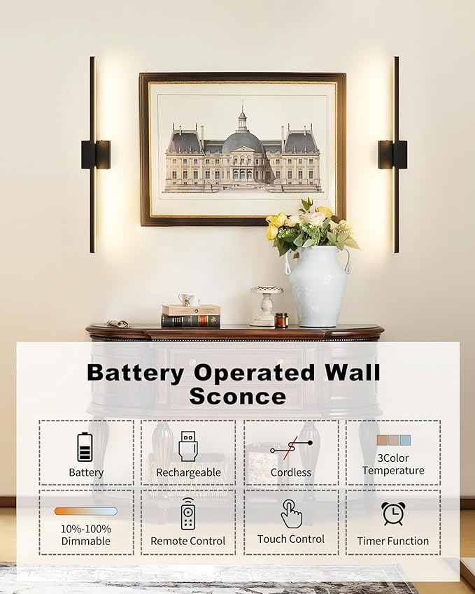 8000mAh Battery Operated Wall Sconce Set of 2, 3000K-6000K Dimmable - Image 3