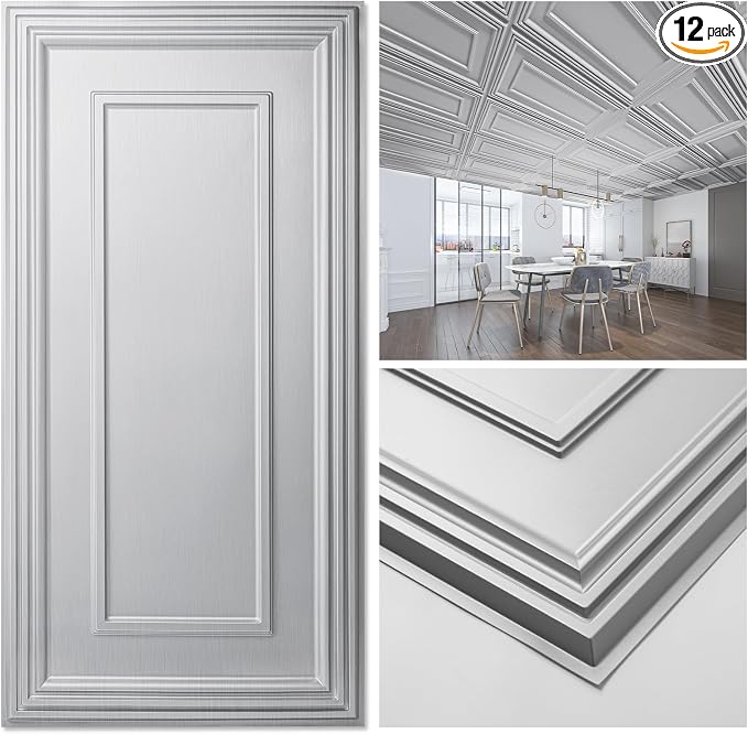 Art3d Drop Ceiling Tiles, 24x48in. Argent Silver by Art3d