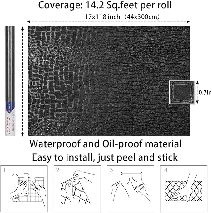 Arthome 17"×120" Black Crocodile Peel and Stick Wallpaper, Charcoal Black - Image 7