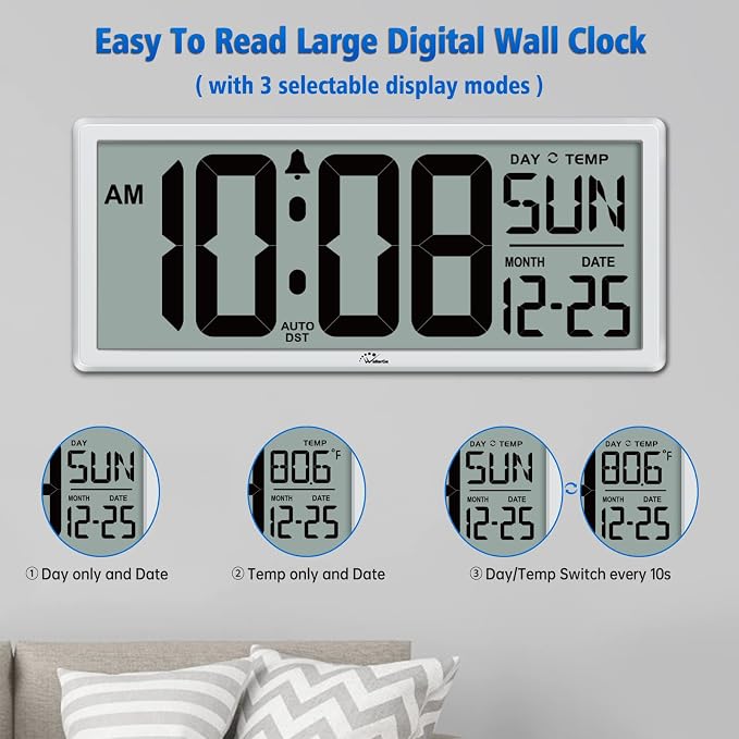 WallarGe 14.5'' Large Digital Wall Clock Battery Operated - Image 2