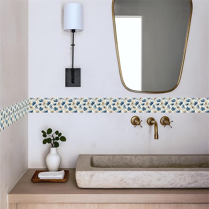Blue Floral Wall Border 196x4 Inch Peel and Stick Vintage Flower Wallpaper - Image 3