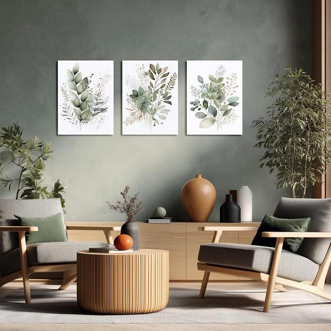 LLEEMPI Framed Sage Green Wall Art Set of 3, Modern Watercolor Botanical Wall - Image 2