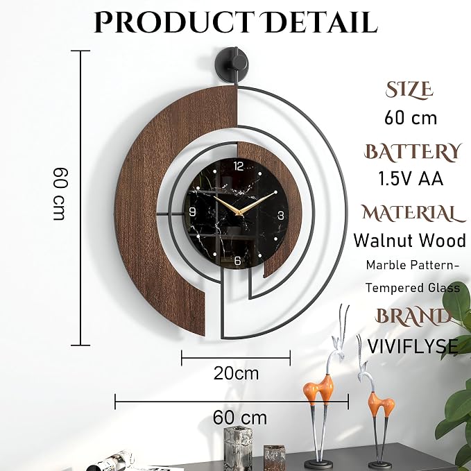 Modern Walnut Marble Dial Wall Clock, Large Wood Metal Frame Silent Non Ticking - Image 2