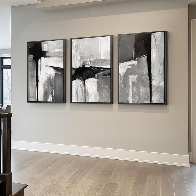 Large Framed Black and White Gray Abstract Wall Art, 3 Piece Modern Canvas - Image 2