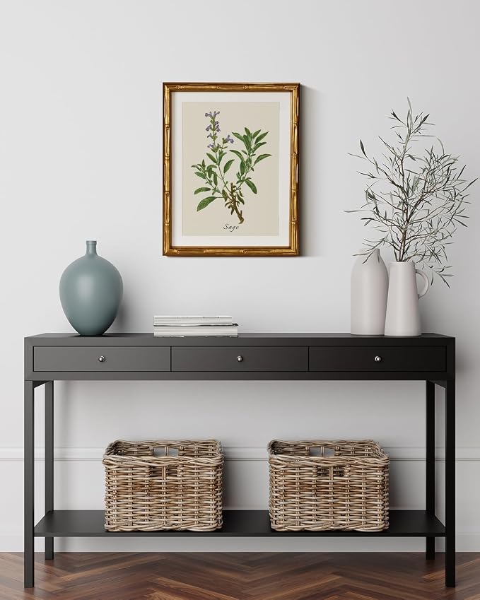 InSimSea Gold Bamboo Framed Canvas Wall Art, Vintage Watercolor Sage Herbs - Image 2