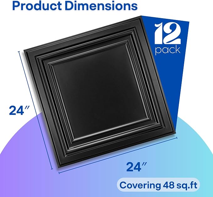 Art3d 12-Pack PVC Drop Ceiling Tiles, 2ft x 2ft, Matte Black - Image 2