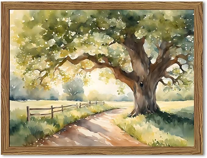 Framed Vintage Tree Landscape Wall Art, Watercolor Country Road Nature Wall by Unknown