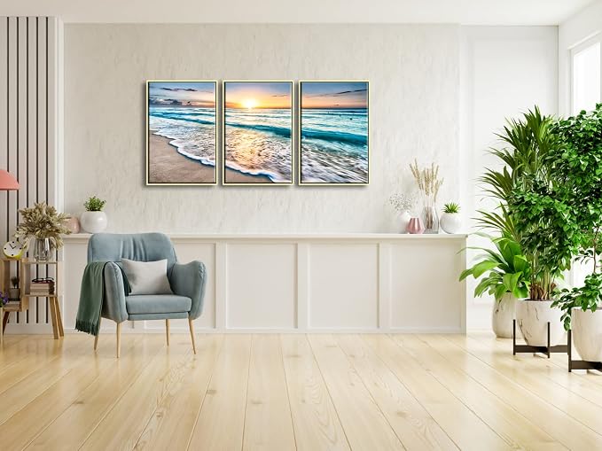 Wieco Art Framed Wall Art 3 Panels Blue Beach Canvas Art - Image 4