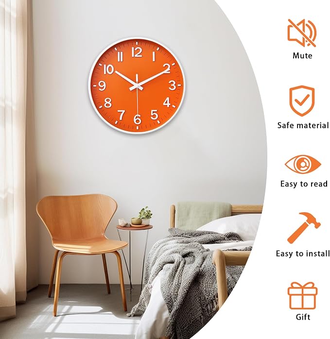 HZDHCLH Wall Clocks Battery Operated, Wall Clock Orange, 12 inch Wall Clock - Image 4