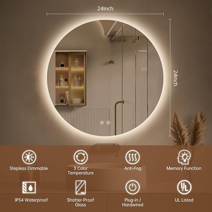 LOVESPEJO 24 Inch Round Backlit Bathroom Mirror - Image 8