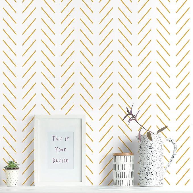 Erfoni Yellow and White Peel and Stick Wallpaper Modern Herringbone Wallpaper by Erfoni