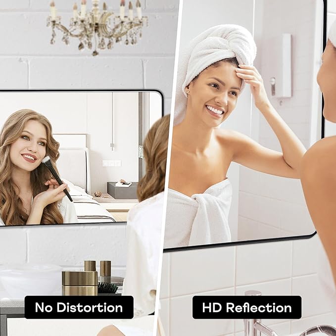 Wall Mount Mirror for Bathroom, Brushed Black Metal Framed Large Rounded Corner - Image 3
