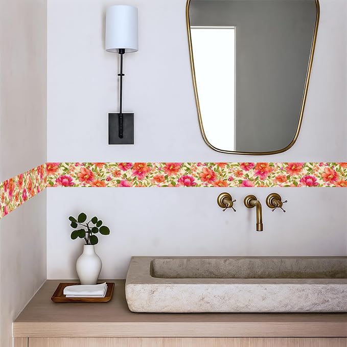 Orange Floral Wallpaper Border 196x4 Inch Peel and Stick Wall Border Watercolor - Image 3