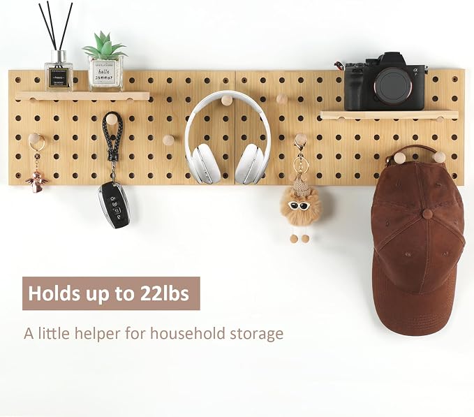 2 Pack Beige Wooden Pegboard, Modular Wall Organizer Storage Shelf - Image 3