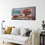 Vintage Pink Flower Wall Art Retro Flowers in Golden Vase Pictures Blue Ocean - Image 6