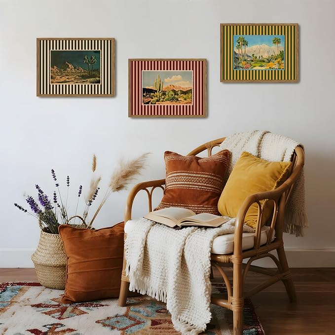 Framed Vintage Western Landscape Wall Art Set of 3, Striped Postcards Southwest - Image 8