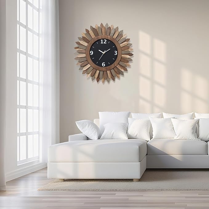 Honiway 16 Inch Wall Clocks, Rustic Wood Boho Sunburst Decorative Wall Clock - Image 2