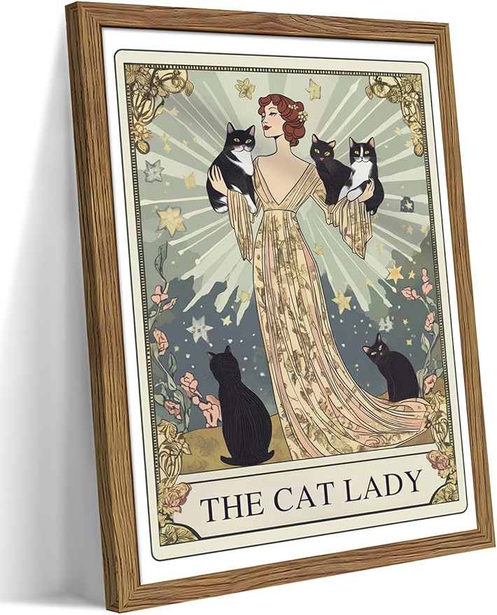 Framed Black Cat Wall Art, Vintage The Cat Lady Tarot Canvas Wall Decor by Unknown