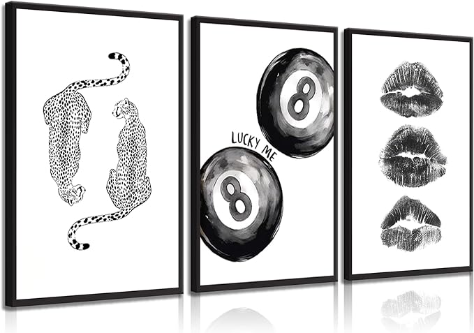 BOKPEN Trendy Black and White Leopard Canvas Wall Art, Funky Y2k Lucky 8 Ball by bokpen