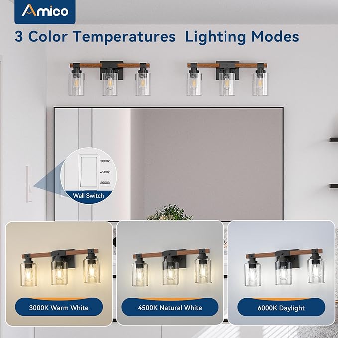 Amico 3-Light Farmhouse Vanity Light Fixture, Rustic Wood Bathroom Light - Image 2