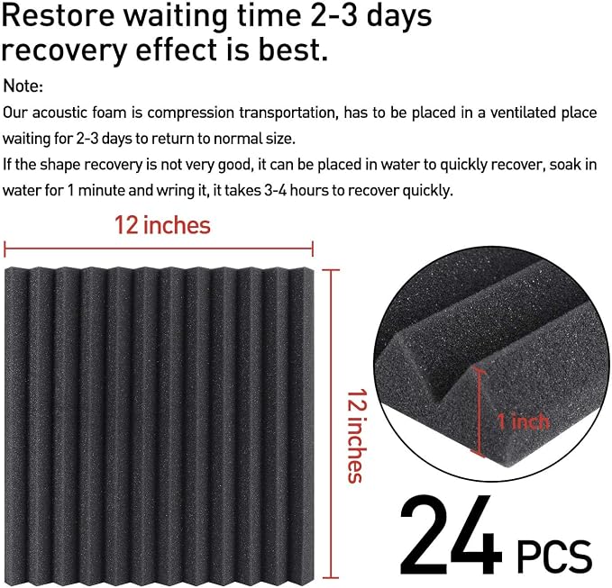 Focusound 24 Pack Black Grey Acoustic Foam Panels 1" x 12" x 12" Sound Proof - Image 5