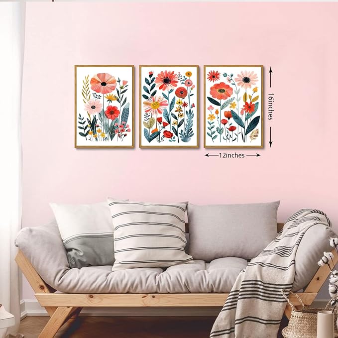 KISSFOX Colorful Wildflower Canvas Wall Art Set Of 3 Flowers Pictures Prints - Image 2