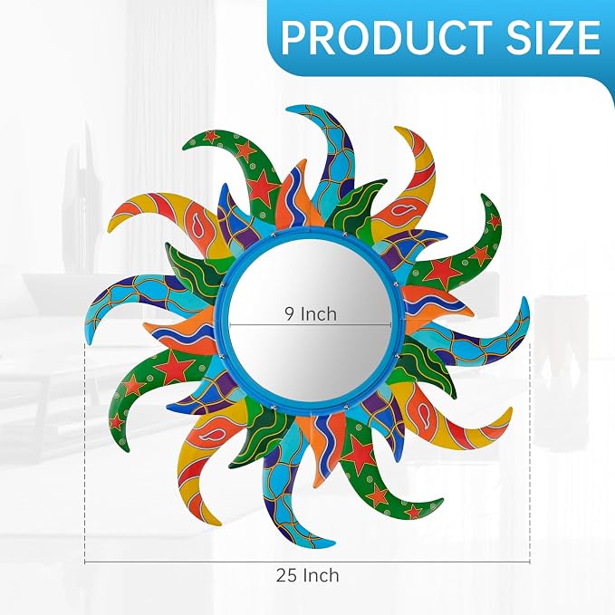 Colorful Sun Wall Mirror Decorative 25 inch Metal Frame Sunburst Boho Mirror - Image 4