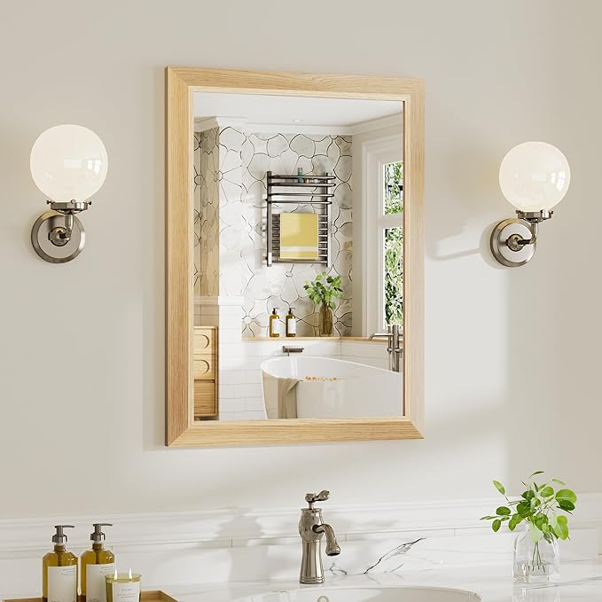 22x30 Inch Bathroom Mirror for Wall, Anti-Rust Oak Wood Grain Metal Framed by Briivuemodernmirrors