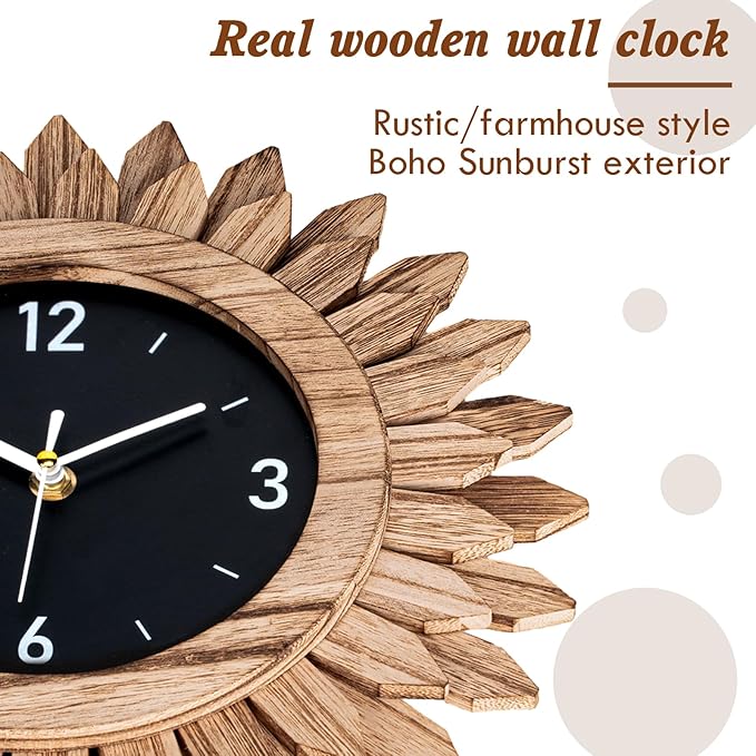Honiway Wall Clock Battery Operated 12 in Rustic Wood Boho Sunburst Decorative - Image 2