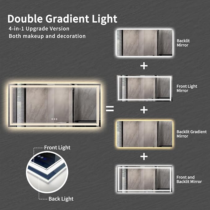 Big Bathroom Mirror, 84x40 Inch Gradient Front and Backlit Lighted Mirror - Image 4