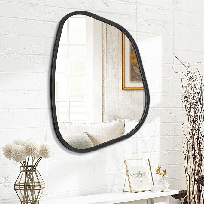 Black Asymmetrical Mirror Large 26"x18" Irregular Oval Wall Mirror Modern Wood - Image 2