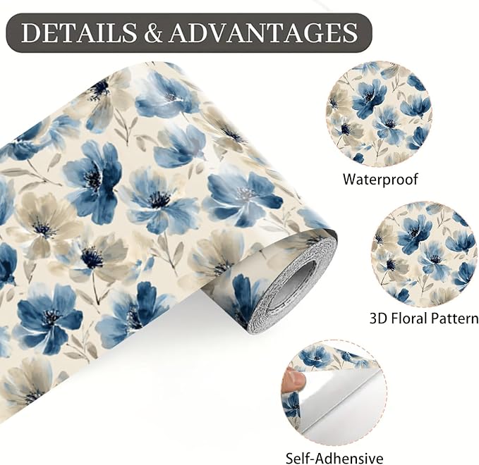 Blue Floral Wall Border 196x4 Inch Peel and Stick Vintage Flower Wallpaper - Image 9