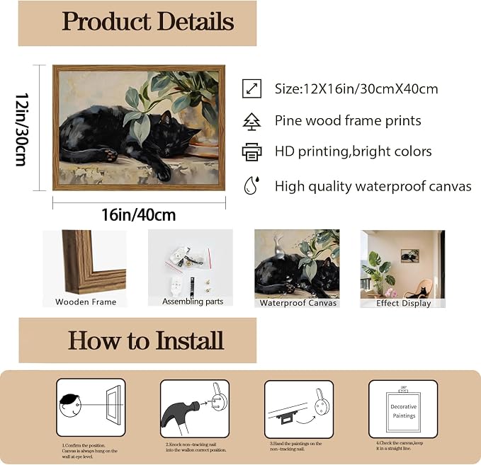 Framed Black Cat Canvas Wall Art, Vintage Sleeping Cat - Image 5