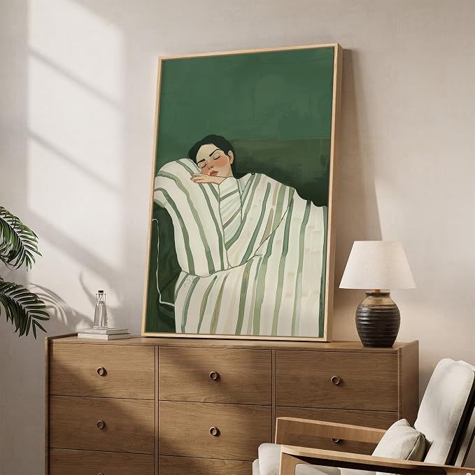Framed Woman Bedroom Wall Art, Large Cozy Woman Canvas Painting - Image 2
