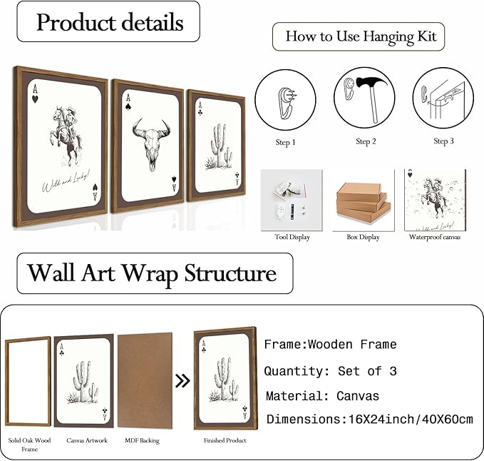 Western Cowgirl Wall Art Set of 3, Vintage Southwestern Wild and Lucky Rodeo - Image 4